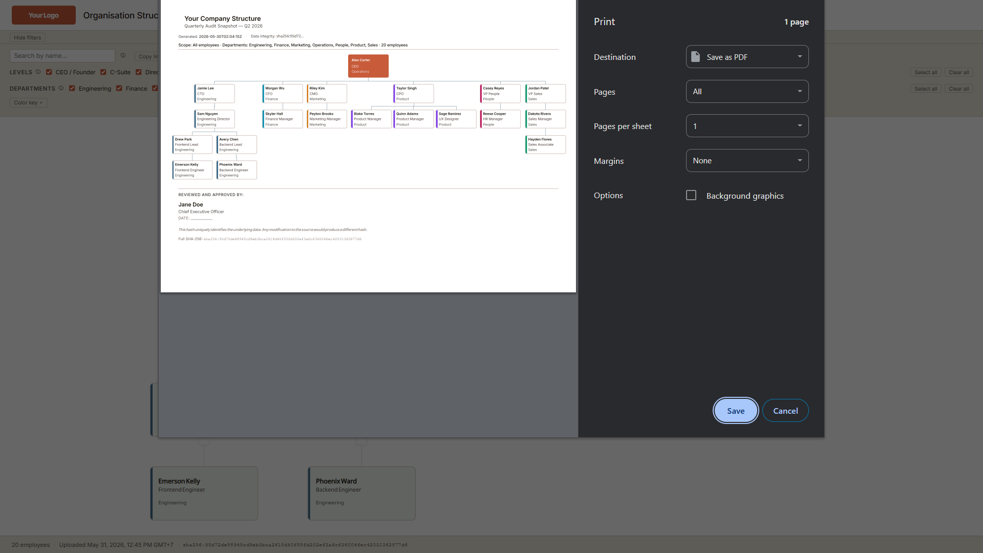 Audit-ready PDF export with an approver signature block
