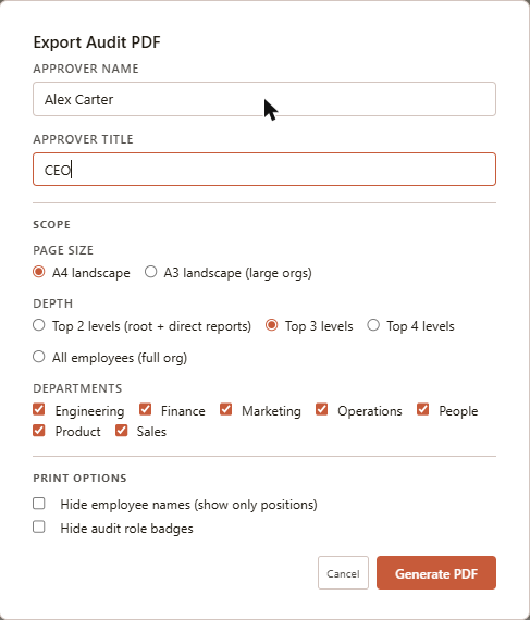 Export Audit PDF settings: approver name and title, page size, depth, and department scope
