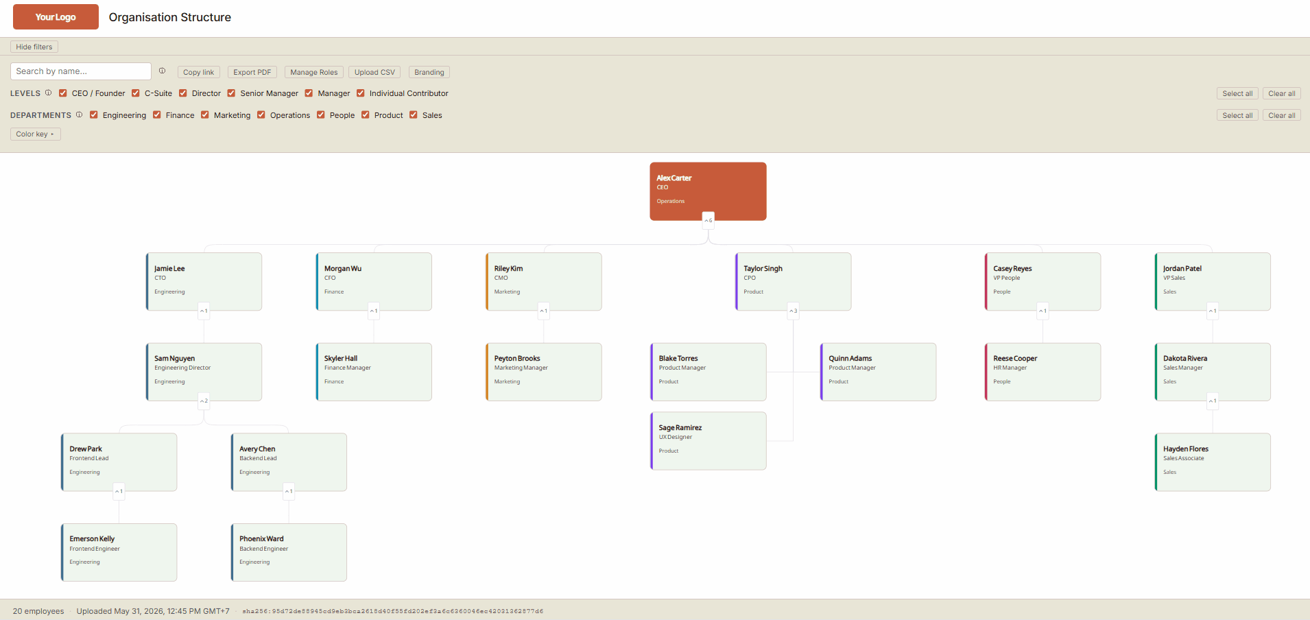 OrgChart Generator demo: upload a CSV, filter by department, export an audit-ready PDF