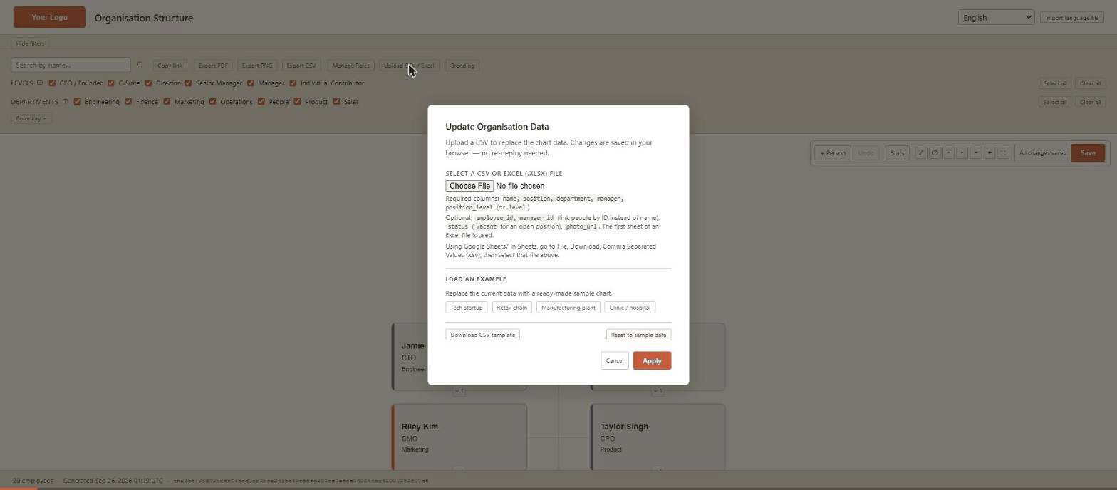 OrgChart Generator demo: upload a CSV, filter by department, search by name, export an audit-ready PDF